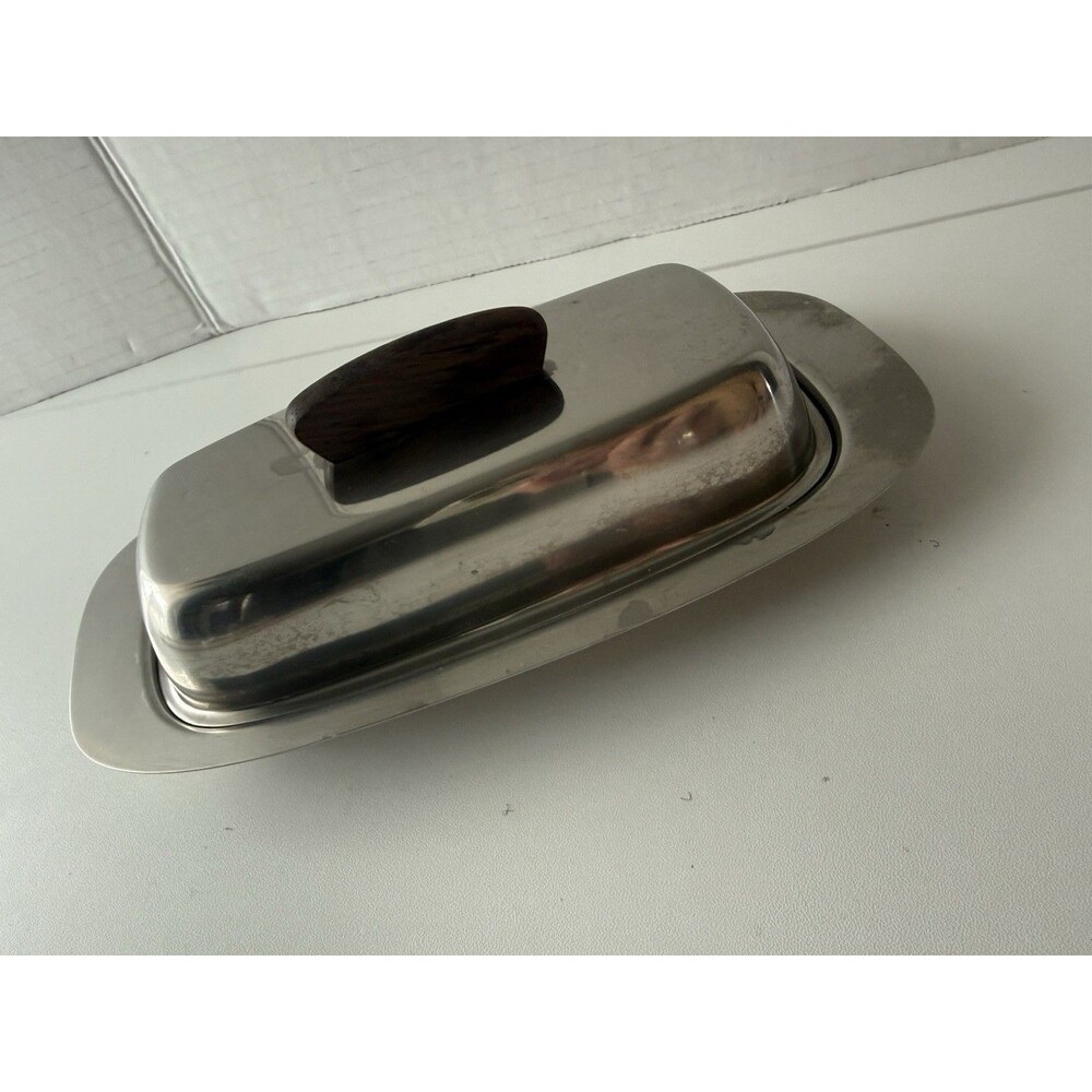 Vtg Selandia Denmark MCM Stainless Steel & Teak Butter Dish Keeper 18/8